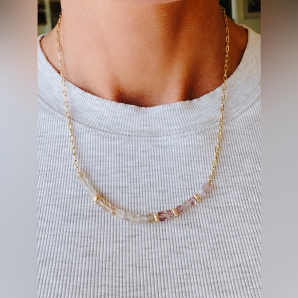 Fluorite Gemstone Necklace Lavender color healing Crystal gift Non-tarnish gold - Picture 2 of 13